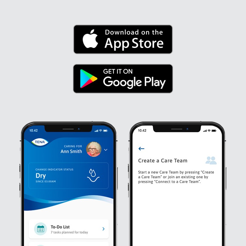 Two smartphones showing the TENA SmartCare Family Care app. Overlaid with an App Store download icon and Google Play download icon. Two smartphones showing the TENA SmartCare Family Care app. Overlaid with an App Store download icon and Google Play download icon.